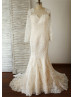 Long Sleeves Ivory Lace Beaded Wedding Dress With Champagne Lining